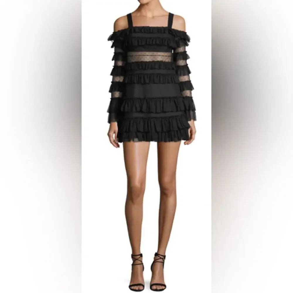 ALEXIS Brandi Off The Shoulder Tiered Ruffled Mini Dress Black Size Small - Picture 3 of 8